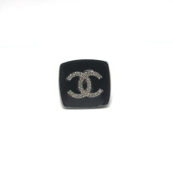 Chanel A21 Crystal CC Square Ring Black Enamel Size 5.5 - Picture 3 of 7